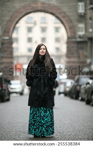 Beautiful girl with long dark hair in a beautiful coat and a long dress against a background of a winter landscape of the city