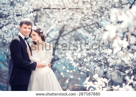 Beautiful couple in wedding attire in a lush garden in the spring, an unusual magical toning