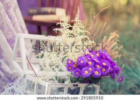 Beautiful wedding decorations, bouquets, table cloth, floral, summer heat, sunset