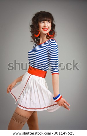 Beautiful girl in the style of pin-up style clothes Navy, vest, marine mood, postcard, vintage