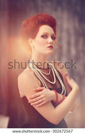 Portrait of a beautiful woman with hair in the style of the Baroque atmosphere of magic and carnival