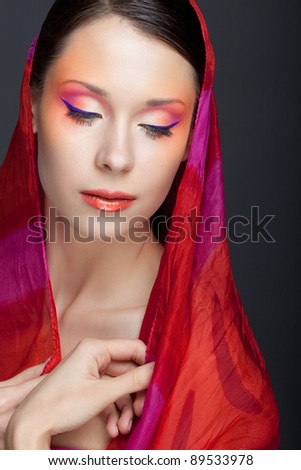 Closeup portrait of girl with bright unusual makeup, European, White, Caucasian