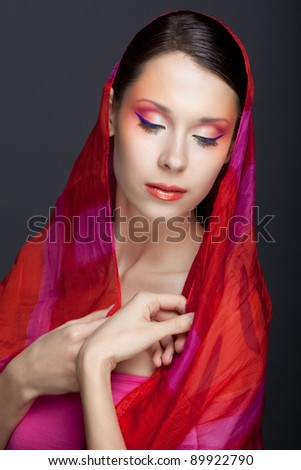Close-up portrait of girl with bright unusual makeup, European, White, Caucasian