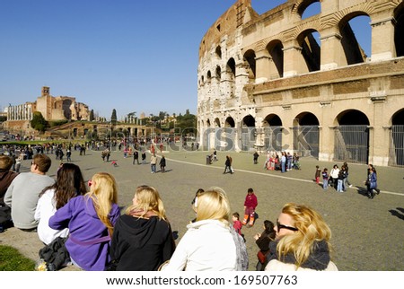 THE COLOSSEUM, ROME- FEBRUARY 19: One of the most famous landmarks in the world, crowded with tourists and students, February 19, 2011 in Rome, Italy.