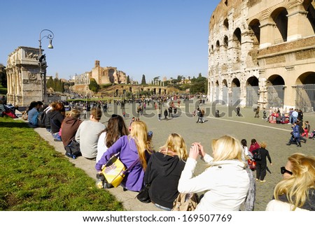 THE COLOSSEUM, ROME- FEBRUARY 19: One of the most famous landmarks in the world, crowded with tourists and students, February 19, 2011 in Rome, Italy.