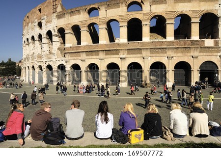 The Colosseum, Rome- February 19: One Of The Most Famous Landmarks In The World, Crowded With Tourists And Students, February 19, 2011 In Rome, Italy.