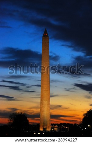 Sunset at the Washington Monument in Washington DC.