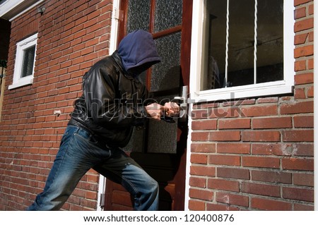 A burglar trying to get into a house by the backdoor