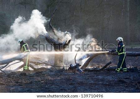 ENSCHEDE, NETHERLANDS-MAR 28:Two firefighters try to extinguish a forest fire. After a period of no rain the forest is extremely dry, and the fire is spreading very easily. March 28, 2012 in Enschede.