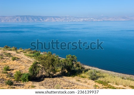 The sea of Galilee in Israel as seen from the east coast, the city on the other side is Tiberias