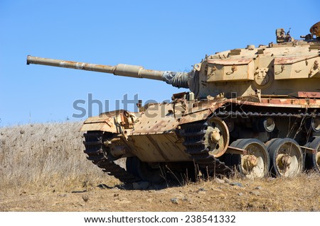 Old centurion tank of the yom kippur war close to the syrian border on the Golan Heights in Israel