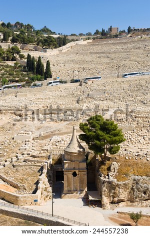 JERUSALEM, ISRAEL - OCT 06, 2014: This is the tomb of Avshalom (Absalom), son of king David, on the foot of the  mount of olives in the Kidron valley in Jerusalem