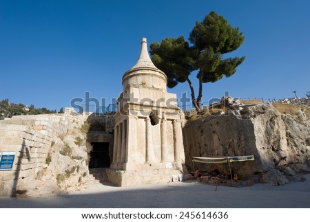 JERUSALEM, ISRAEL - OCT 06, 2014: This is the tomb of Avshalom (Absalom), son of king David, on the foot of the  mount of olives in the Kidron valley in Jerusalem