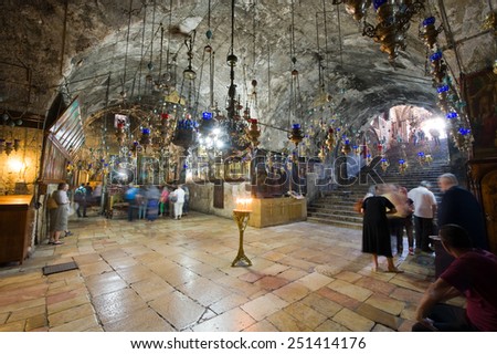 JERUSALEM, ISRAEL - 09 OCT, 2014: Interior of the Tomb of the Virgin Mary, the mother of Jesus at the foot of mount of olives in Jerusalem