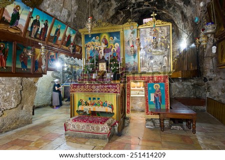 JERUSALEM, ISRAEL - 09 OCT, 2014: The entrance of the tomb of the Virgin Mary, the mother of Jesus at the foot of mount of olives in Jerusalem
