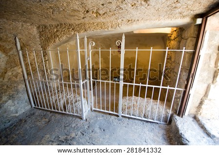 JERUSALEM, ISRAEL - 07 OCT, 2014: Inside the Garden Tomb. The Garden Tomb in Jerusalem is one of the two alleged burial sites of Jesus Christ