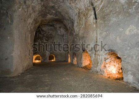 JERUSALEM, ISRAEL - 06 OCT, 2014: The \'tombs of the prophets\' on the mount of olives in Jerusalem. The chamber forms two concentric passages containing 38 burial niches.