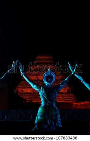 Soul of India. Indian classical Dance show on backdrop of Konark sun temple at Orissa.