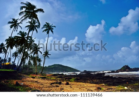 India holiday destination. Tropical beach with coconut trees at Goa.
