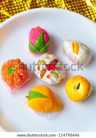 Colorful fruit shaped yummy sweets - Indian mithai