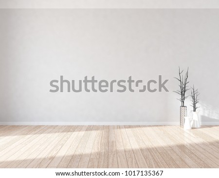 Idea of a white empty scandinavian room interior with vases on the wooden floor and large wall and white landscape in window. Home nordic interior. 3D illustration