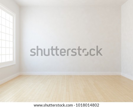 Idea of a white empty scandinavian room interior with large wall and white landscape in window. Home nordic interior. 3D illustration
