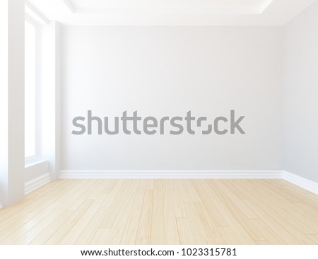 Idea of a white empty scandinavian room interior with wooden floor and large wall and white landscape in windows. Home nordic interior. 3D illustration