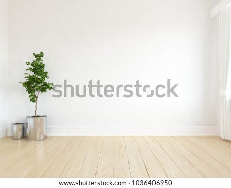Idea of a white empty scandinavian room interior with plants in vases on the wooden floor and large wall and white landscape in window with curtains. Home nordic interior. 3D illustration