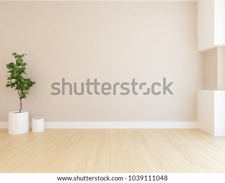 Idea of a beige empty scandinavian room interior with plant in vases and large wall and white landscape in window. Home nordic interior. 3D illustration