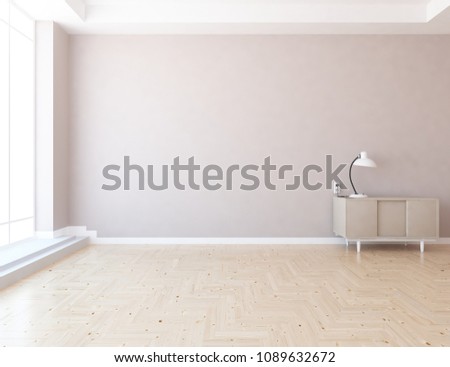 Idea of a white empty scandinavian room interior with dresser on the wooden floor and large wall and white landscape in window. Home nordic interior. 3D illustration
