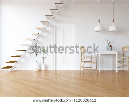 Idea of a white scandinavian kitchen room interior with dinning furniture and stairs, door and large wall and white landscape in window. Home nordic interior. 3D illustration
