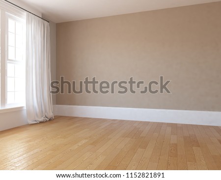 Idea of a beige empty scandinavian room interior with vases on the wooden floor and large wall and white landscape in window with curtains. Home nordic interior. 3D illustration