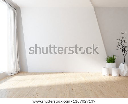 Idea of a white empty scandinavian room interior with vases on the wooden floor and large wall and white landscape in window with curtains. Home nordic interior. 3D illustration