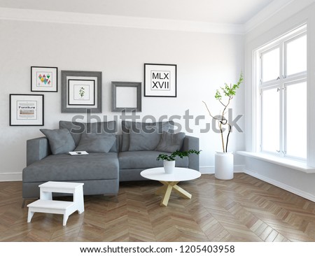 Idea of a white scandinavian living room interior with sofa, vases on the wooden floor and pictures on the large wall and white landscape in window. Home nordic interior. 3D illustration