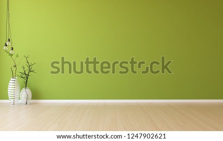 Idea of a green empty scandinavian room interior with vases on the wooden floor and large wall and white landscape in window. Home nordic interior . 3D illustration