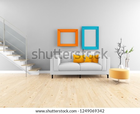 Idea of white scandinavian living room interior with sofa, stairs, vases on the wooden floor and frames on the large wall and white landscape in window. Home nordic interior. 3D illustration