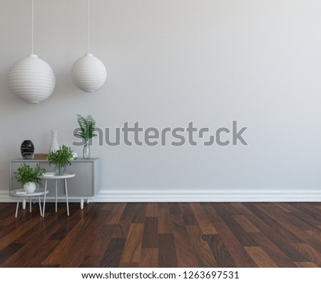 Idea of a white empty scandinavian room interior with dresser, vases on the wooden floor and large wall and white landscape in window. Home nordic interior. 3D illustration