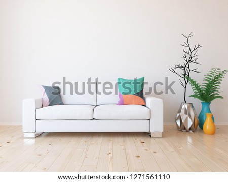 Idea of a white scandinavian living room interior with sofa, vases on the wooden floor and decor on the large wall and white landscape in window. Home nordic interior. 3D illustration