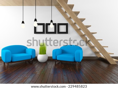3D rendering of a room with stairs and blue furniture