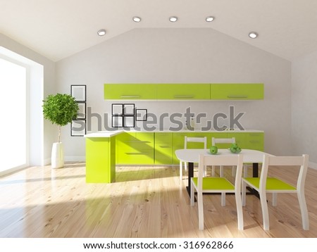 white interior of a green kitchen. 3d illustration