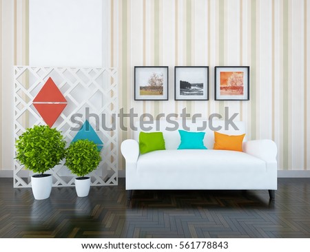 White room with sofa. Living room interior. Scandinavian interior design. 3d illustration