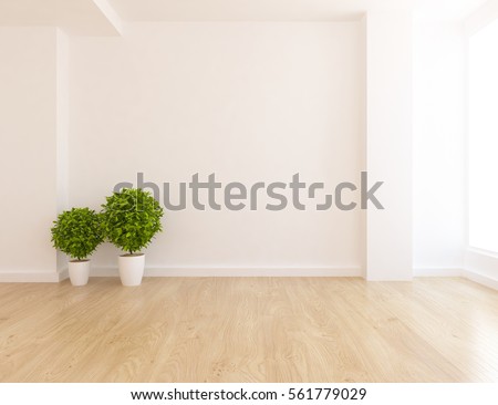 White empty room with plant. Living room interior. Scandinavian interior design. 3d illustration