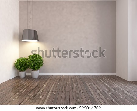 beige empty room interior with plants and white landscape in window. Scandinavian interior design. 3D illustration