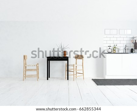 white kitchen room interior. Scandinavian interior design. 3d illustration