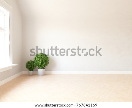 White empty scandinavian room interior with large wall and wooden floor. Home interior. 3d illustration