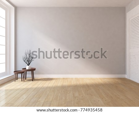 Idea of white empty room with wardrobe and white landscape in large window. Scandinavian interior design. 3D illustration