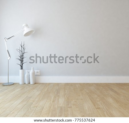 Idea of white empty room with vintage wooden floor and vases and lamp and white landscape in window. Scandinavian interior design. 3D illustration