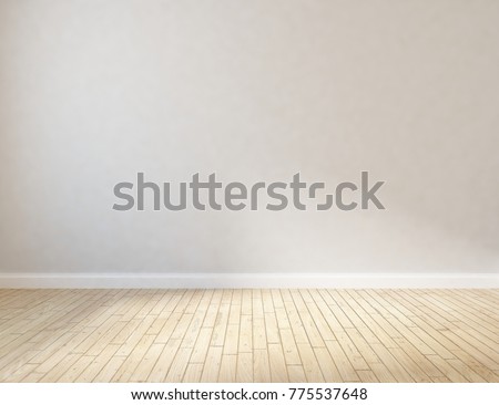 Idea of white empty room with vintage wooden floor and large wall and white landscape in window. Scandinavian interior design. 3D illustration