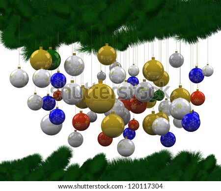 Christmas balls hung on the pine with white background.