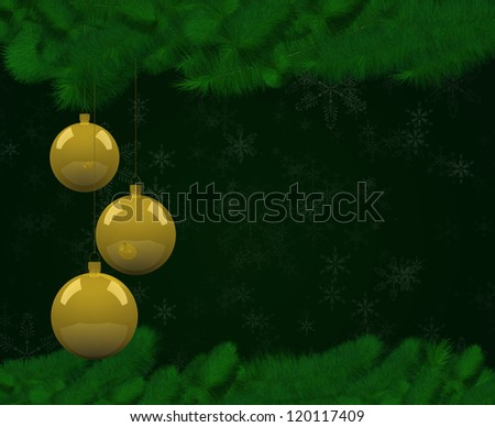 Christmas balls hung on the pine with green background.